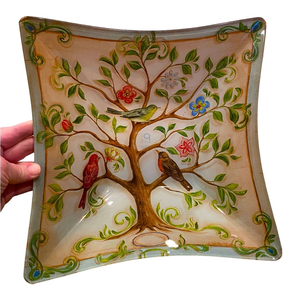PRIMA DESIGN 10" Square Glass Birds In A Tree Floral Design Art Bowl